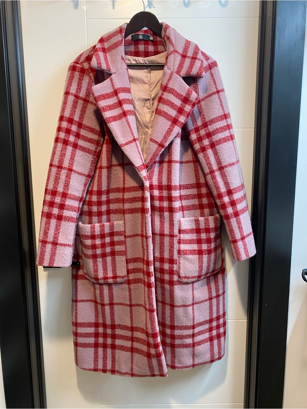 Women’s Pink & Red Plaid Long Coat